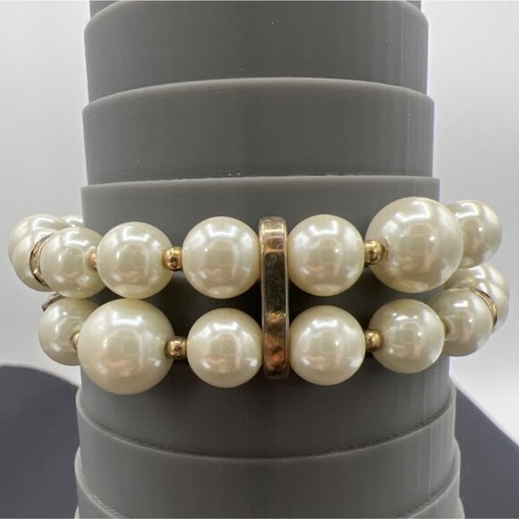 Vintage Napier Double Strand Bracelet Faux Pearl Yellow Crystal Gold Tone 6.5" - Picture 4 of 8